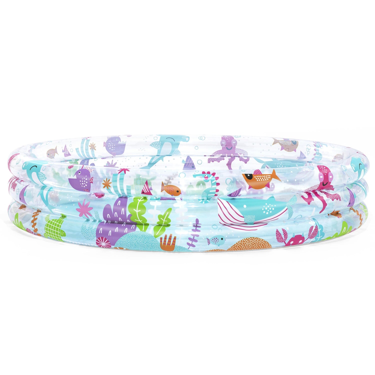 Piscina hinchable infantil con diseño colorido y divertido, vista lateral